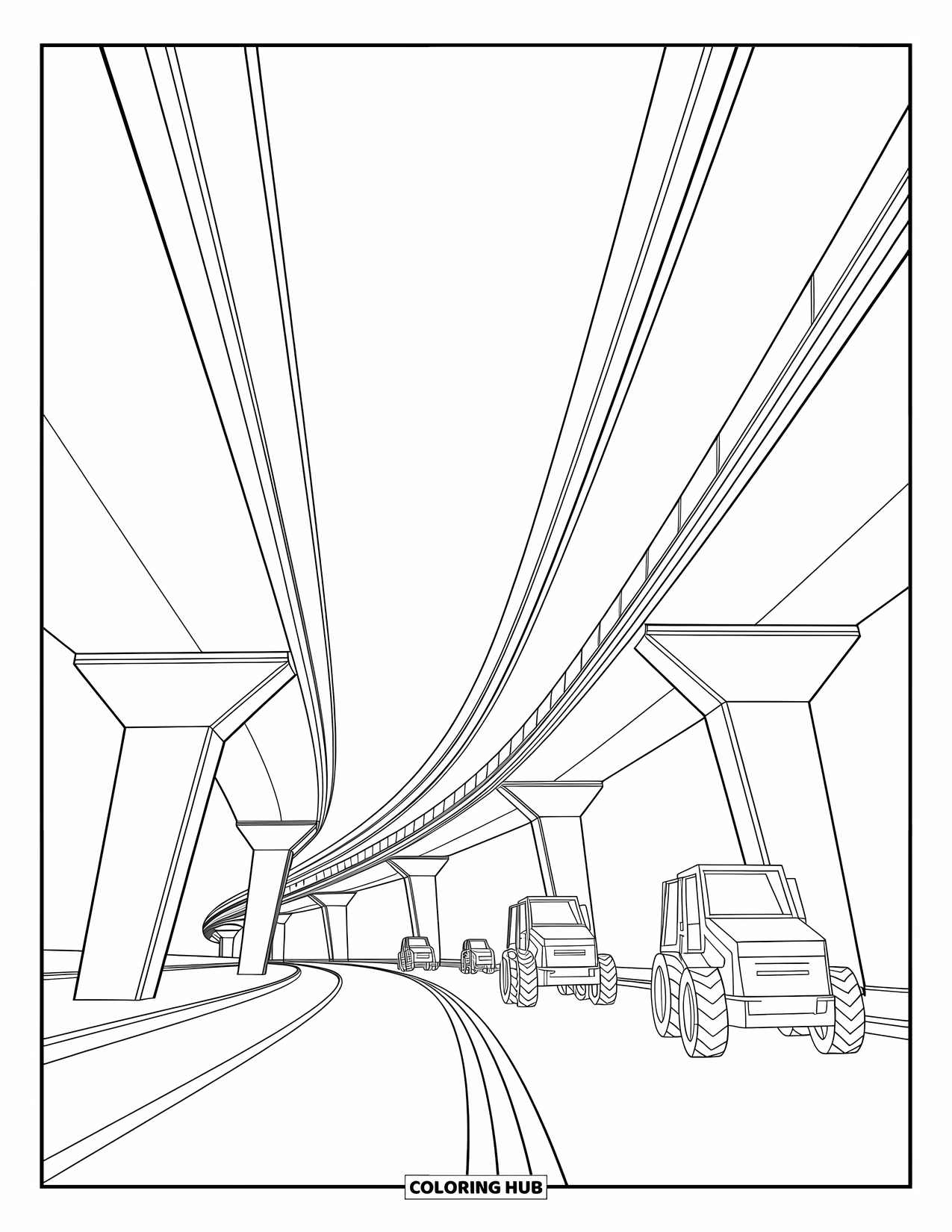 Construction Coloring Page for Kids: A rising roadway twists toward the sky with beams and machinery below