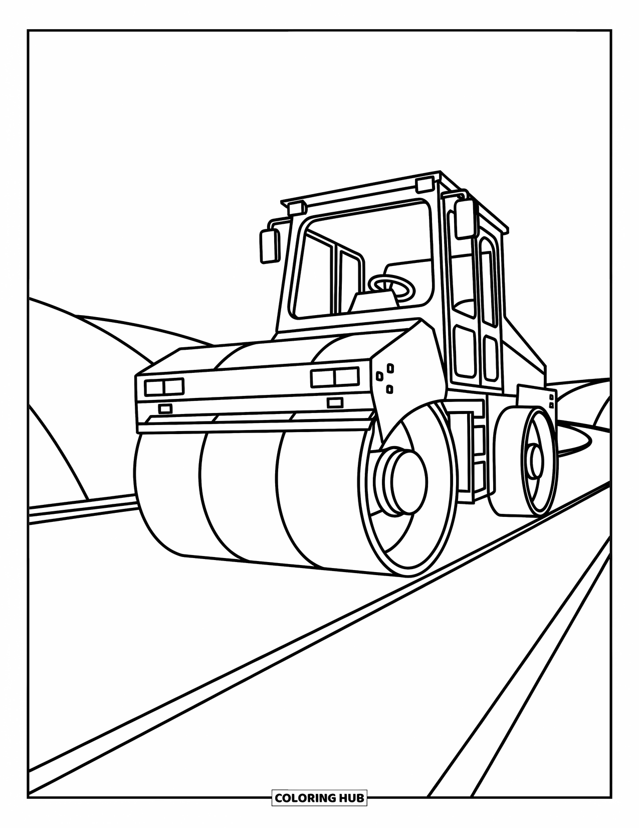 Construction Coloring Page for Kids: A road roller flattens dirt with cheerful curves
