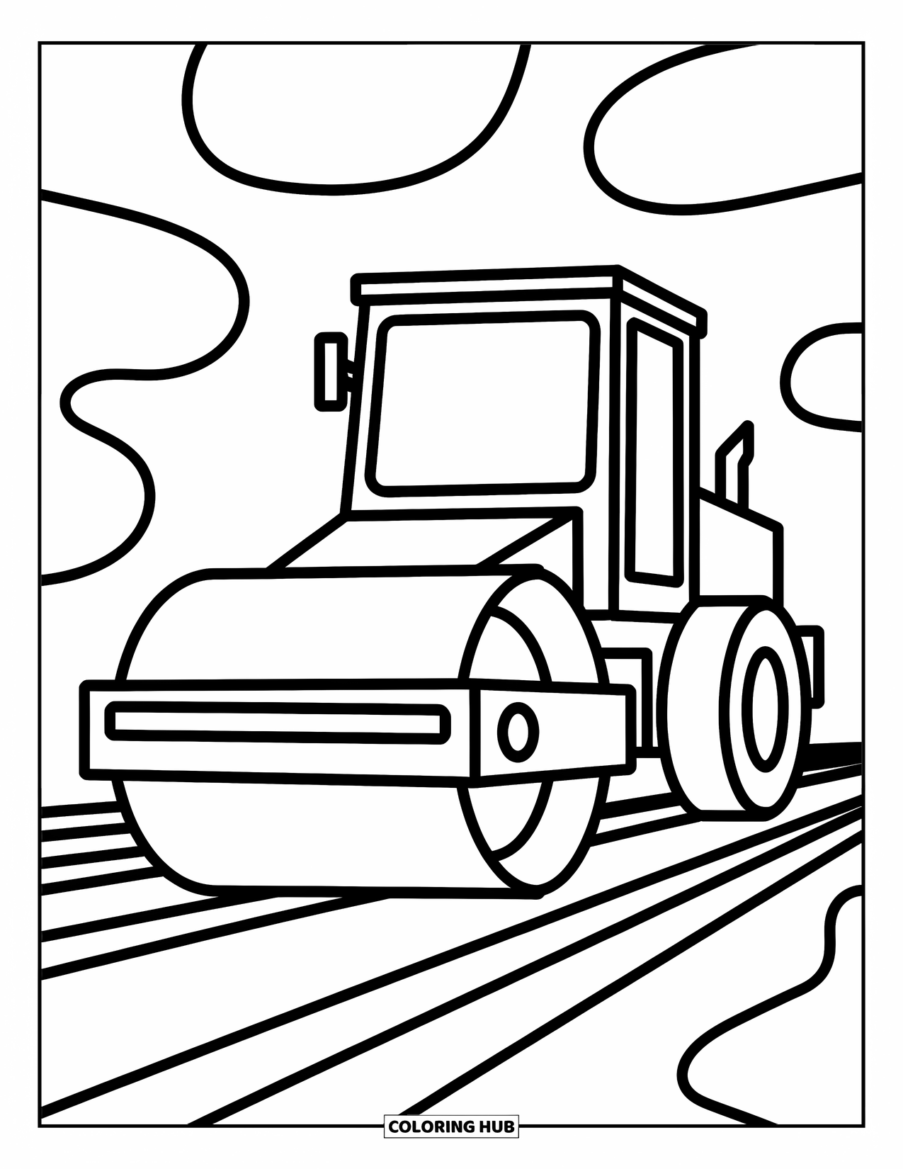 Construction Coloring Page for Kids: A road roller flattens ground over playful patterns