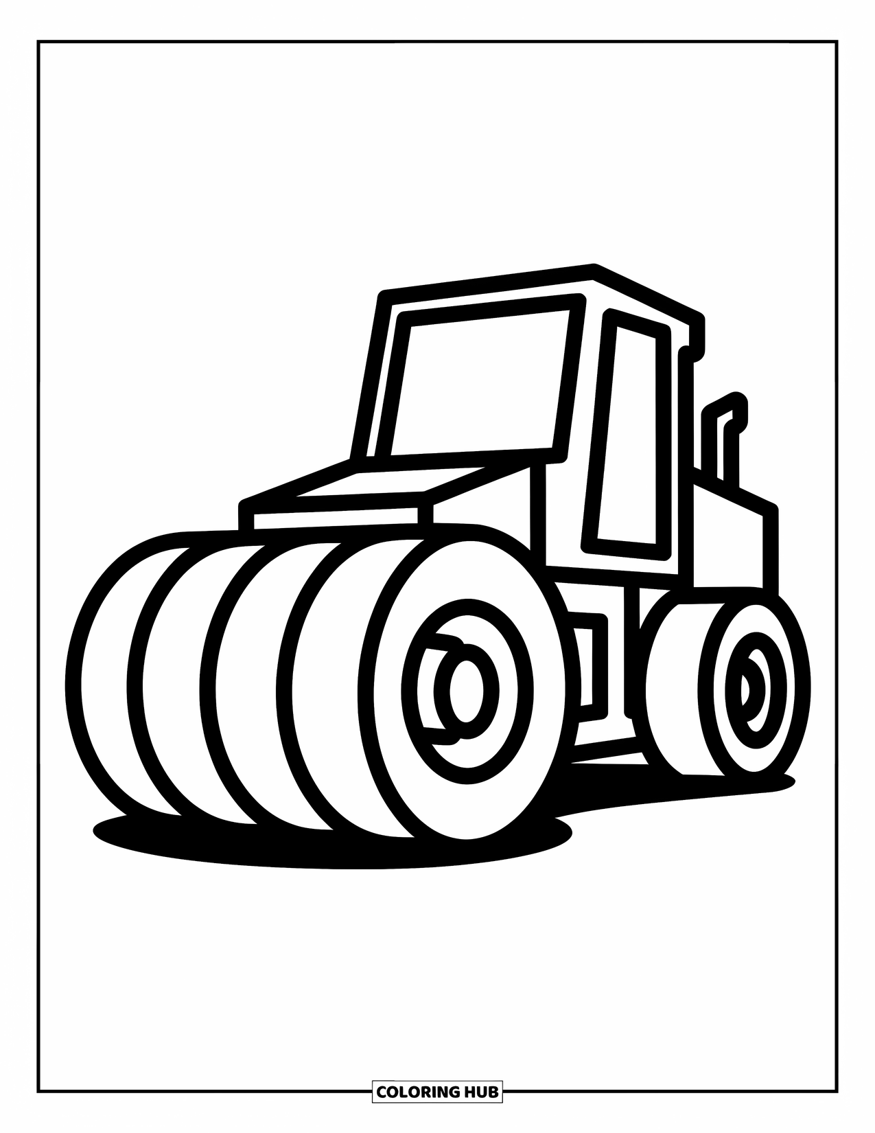 Construction Coloring Page for Kids: A road roller moves forward with big, round wheels