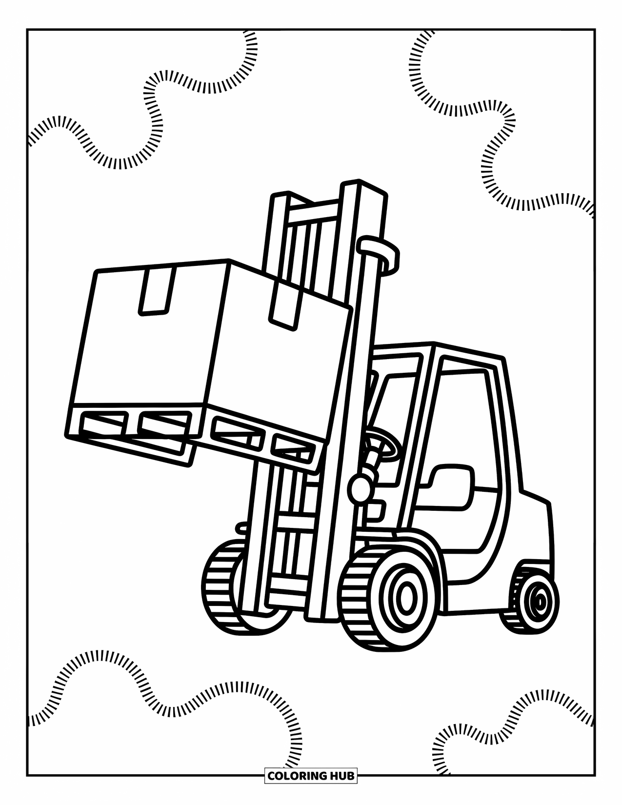 Construction Coloring Page for Kids: A small forklift holds a box with fun, playful patterns in the background