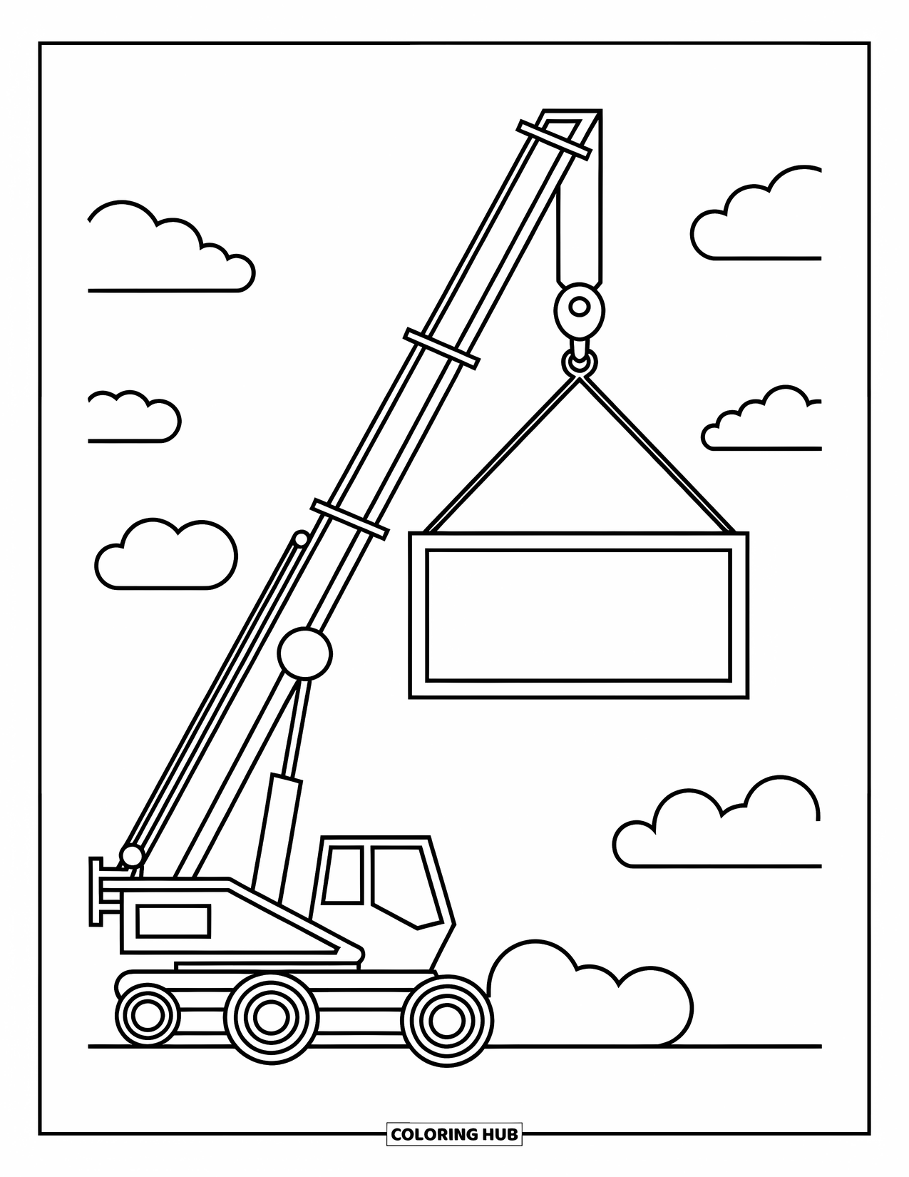 Construction Coloring Page for Kids: A tall crane lifts a big block with a clear hook