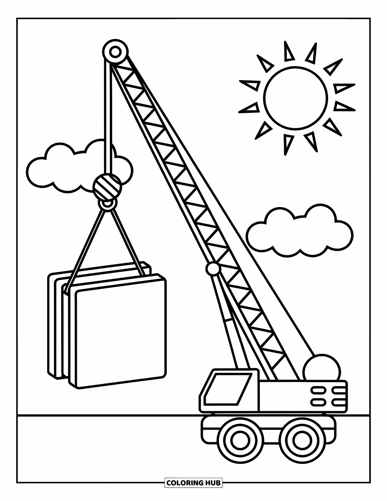 Construction Coloring Page for Kids: A tall crane lifts a block under cheerful clouds