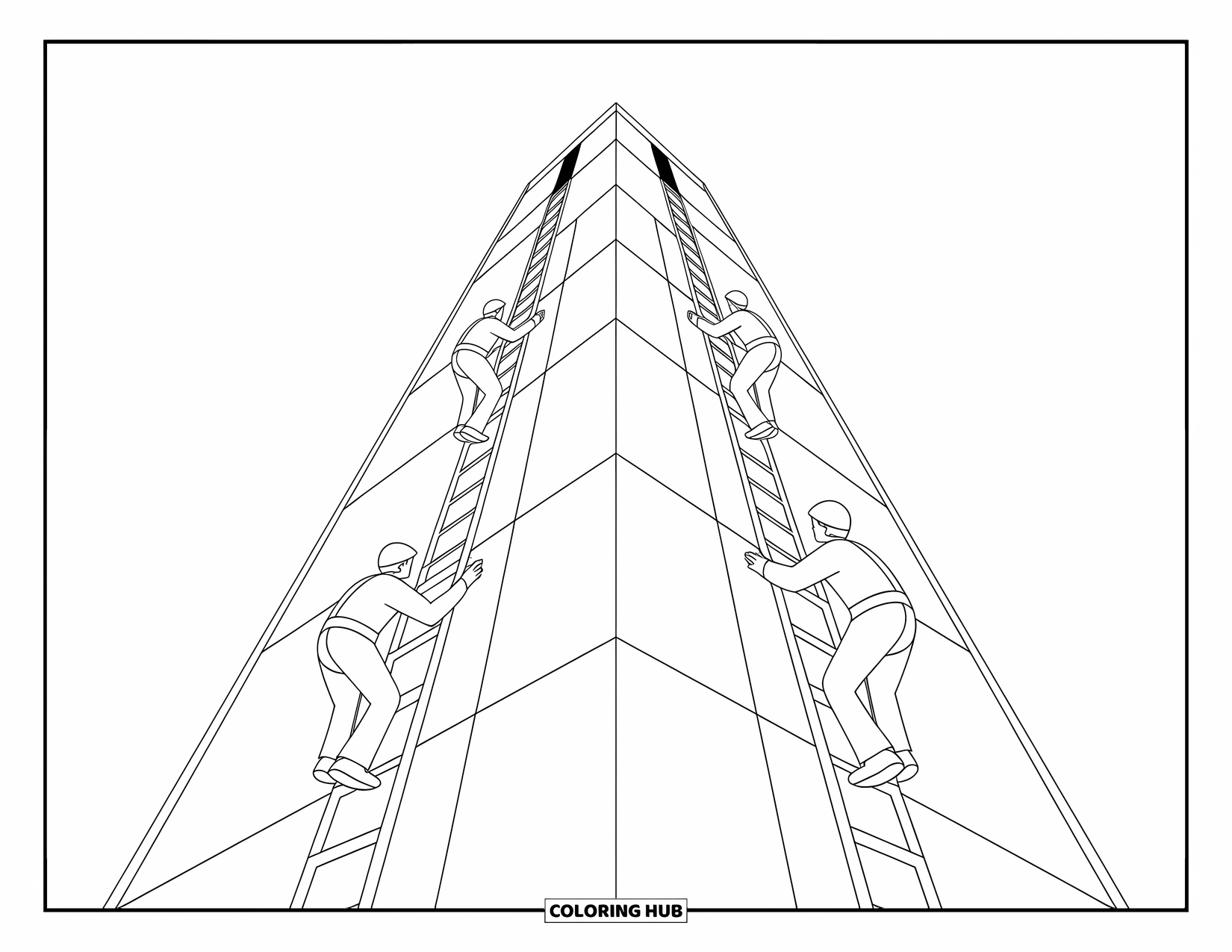 Construction Coloring Page for Kids: A tall structure with workers climbing ladders side by side