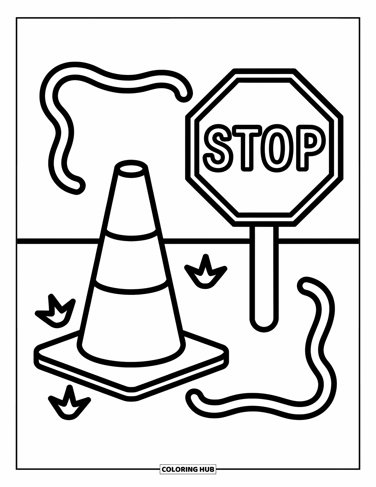 Construction Coloring Page for Kids: A traffic cone and stop sign stand together