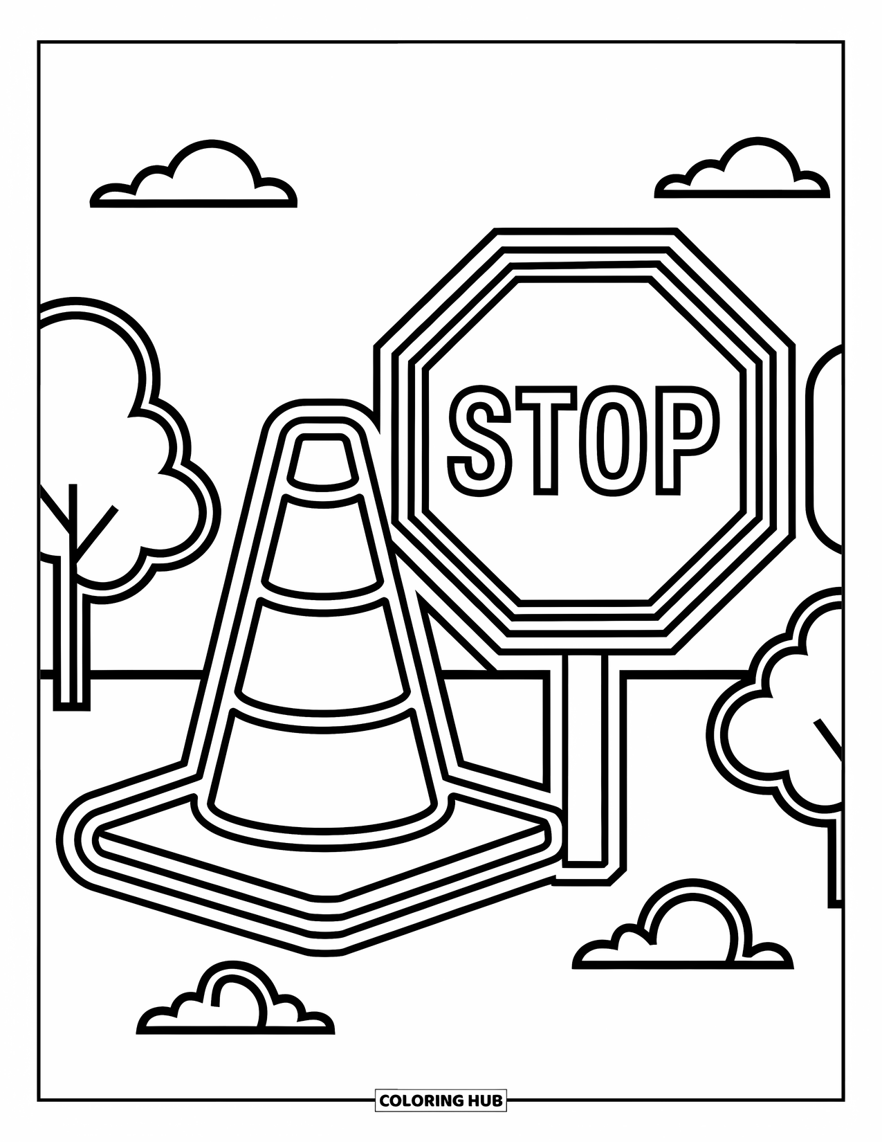 Construction Coloring Page for Kids: A traffic cone and stop sign with soft clouds