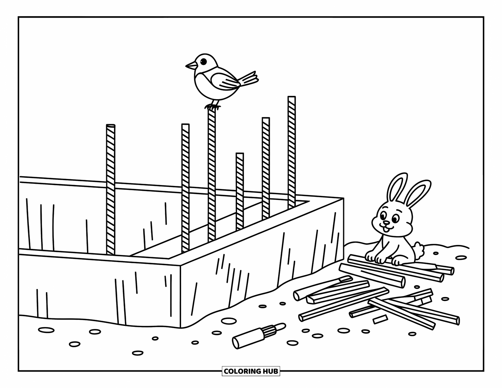Construction Coloring Page for Kids: A trench with rebar and tools nearby has a playful bird and curious rabbit watching