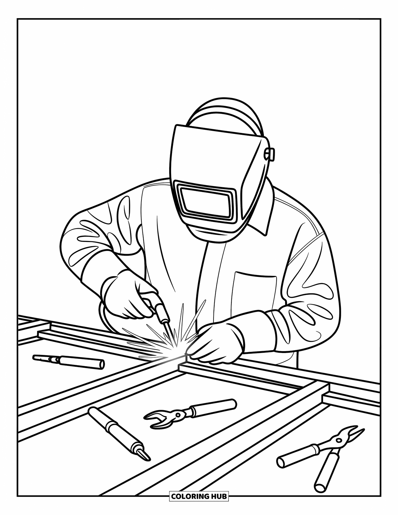 Construction Coloring Page for Kids: A welder in protective gear works on steel beams with sparks all around