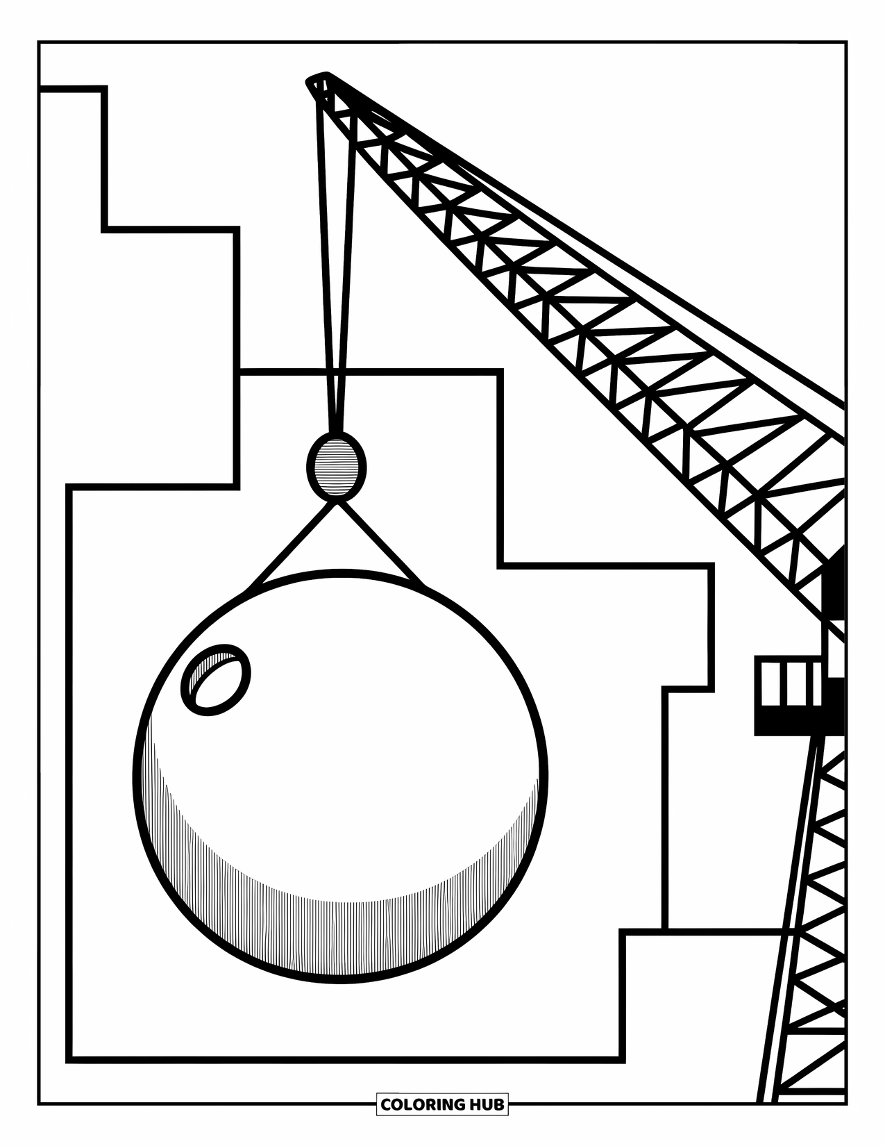 Construction Coloring Page for Kids: A wrecking ball swings from a tall crane with playful shapes in the background