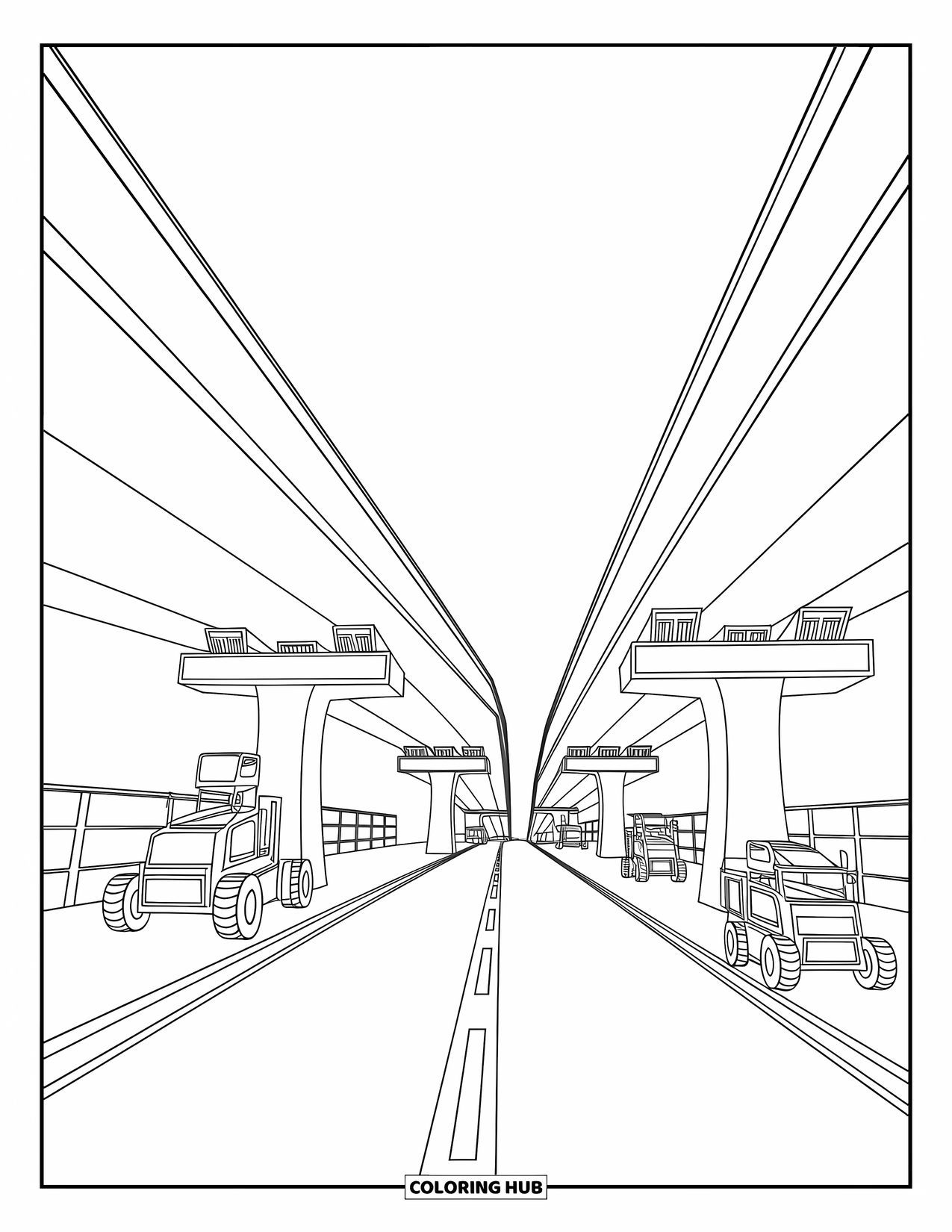 Construction Coloring Page for Kids: An elevated road takes shape with beams and machines around it