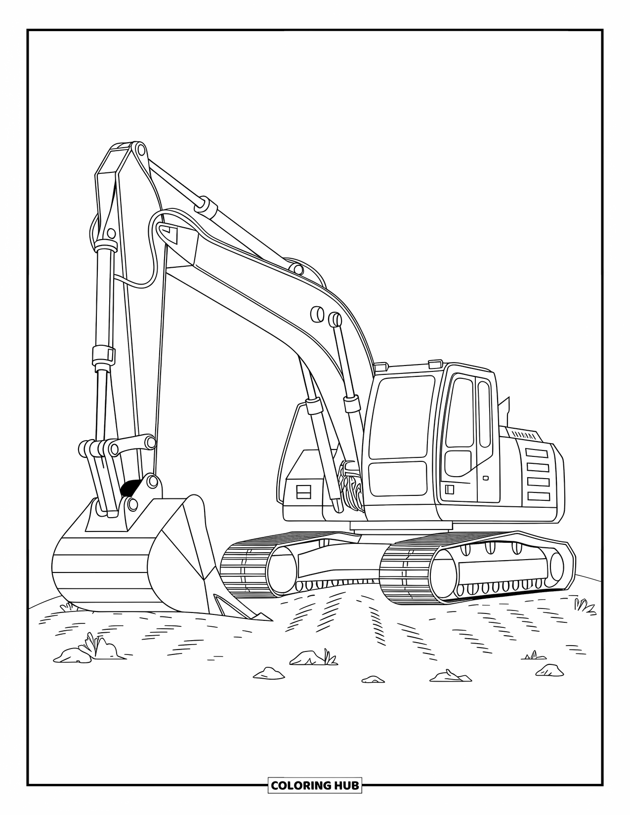 Construction Coloring Page for Kids: An excavator digs into the ground with dirt, rocks, and plants around it