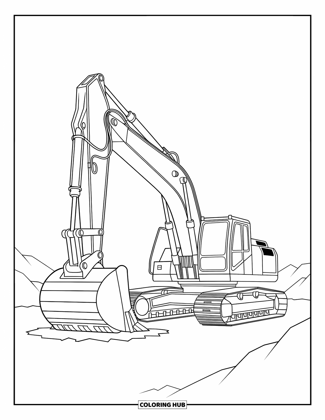 Construction Coloring Page for Kids: An excavator digs into the ground with piles of earth surrounding it