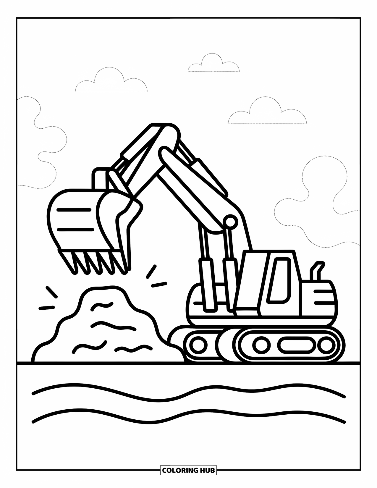 Construction Coloring Page for Kids: An excavator lifts soil near gentle hills
