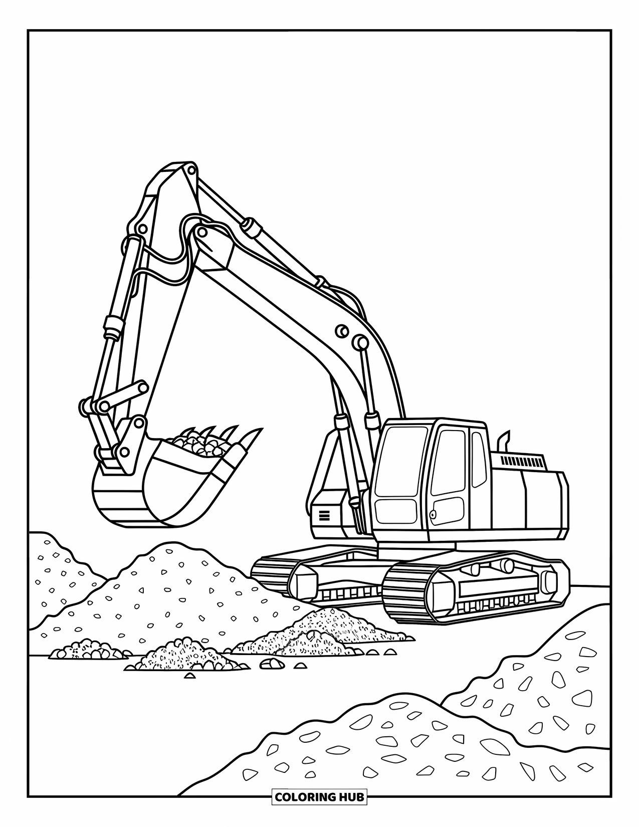 Construction Coloring Page for Kids: An excavator scoops earth with small piles of soil and rocks beside it