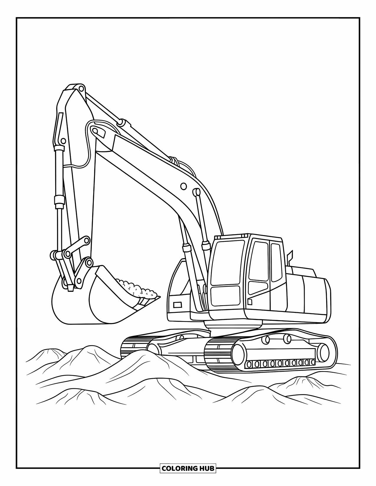 Construction Coloring Page for Kids: An excavator scoops soil with clear tracks and small mounds nearby