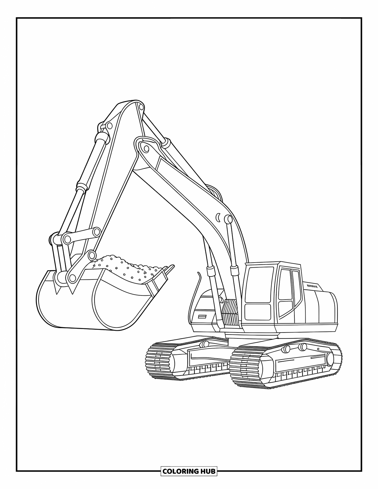 Construction Coloring Page for Kids: An excavator with a big bucket and curved lines