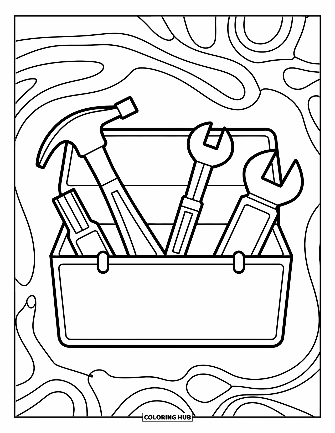 Construction Coloring Page for Kids: An open toolbox with tools arranged playfully invites creativity
