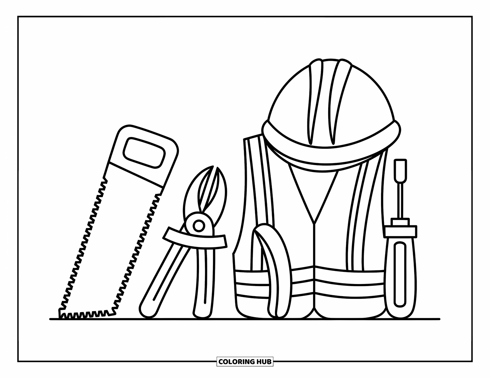 Construction Coloring Page for Kids: Big building tools and a helmet rest together with simple, playful shapes