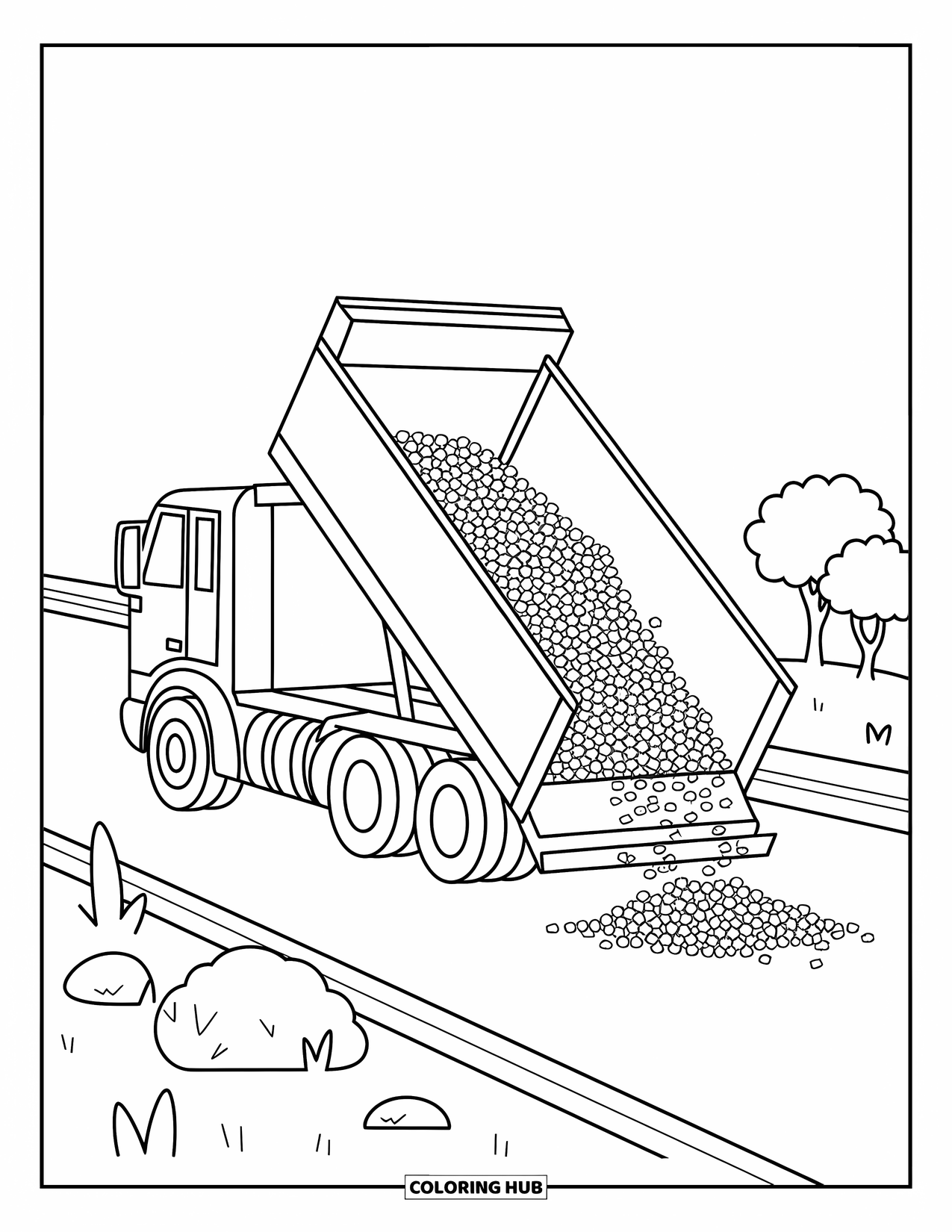 Construction Coloring Page for Kids: Gravel pours from a dump truck onto the road with rocks and a small tree