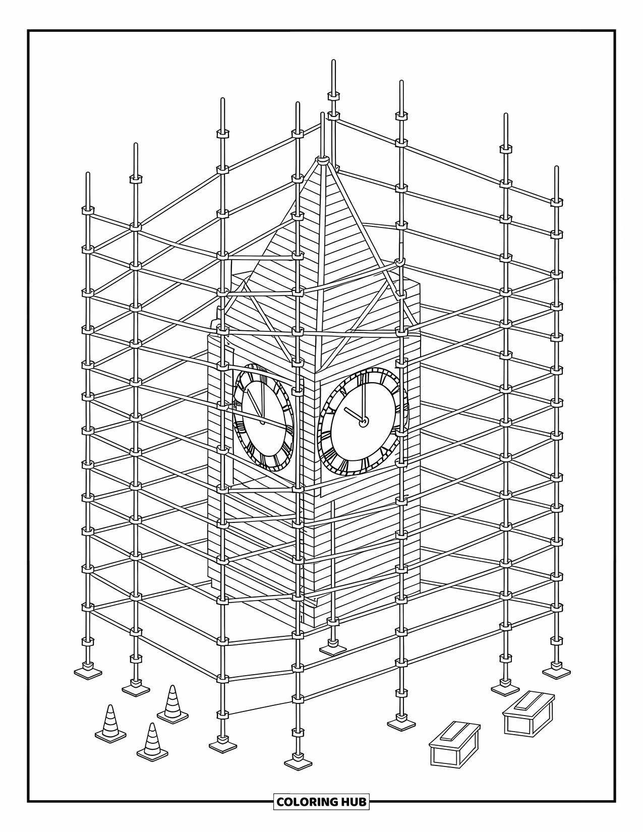 Construction Coloring Page for Kids: Scaffolding wraps around a clock tower with beams, planks, and safety cones below
