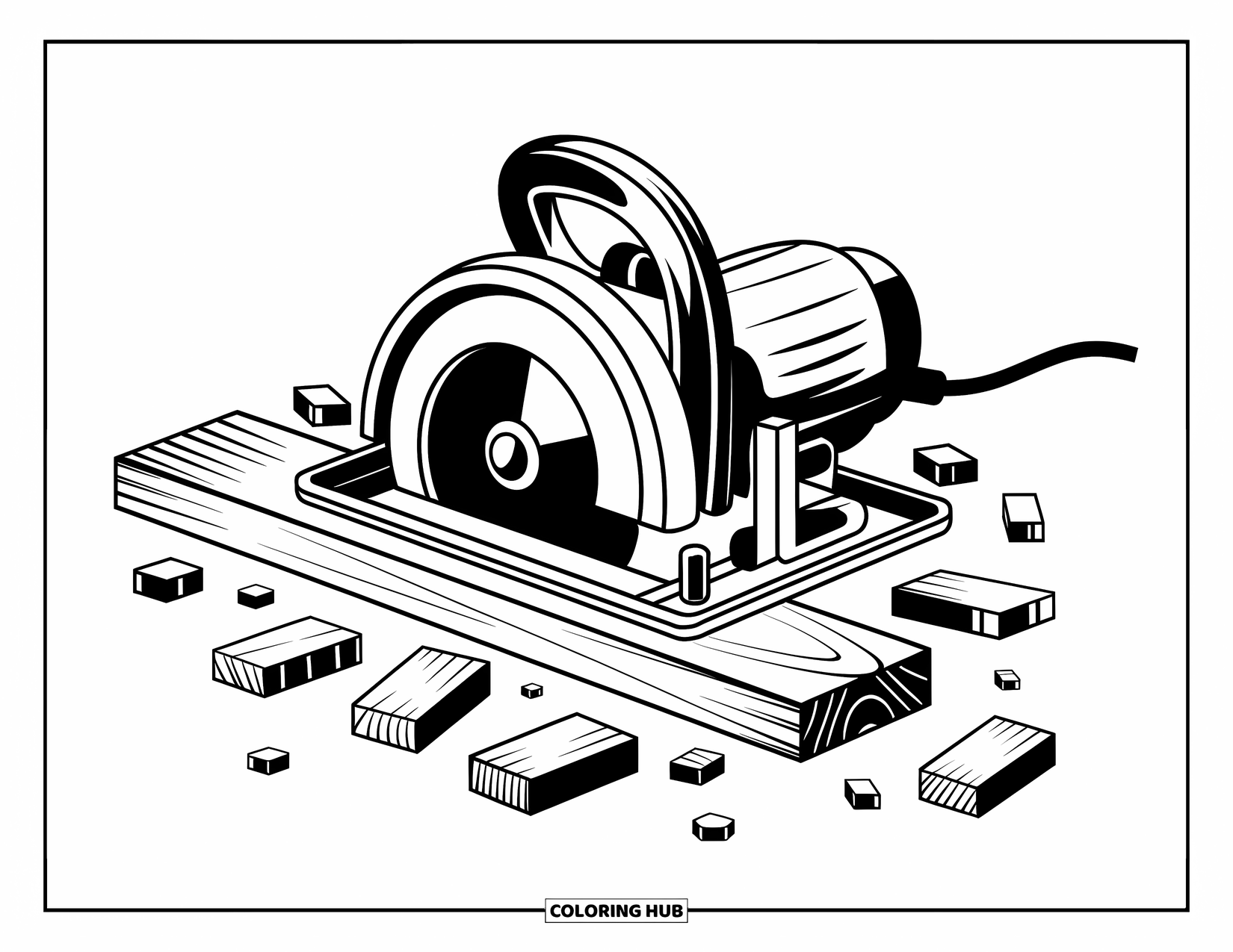 Construction Coloring Page for Kids: The power saw slices through wood as small chips scatter