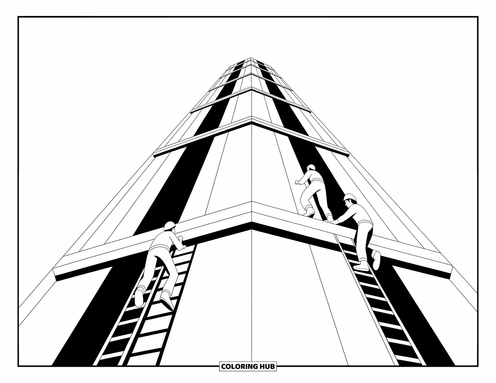 Construction Coloring Page for Kids: Three workers climb ladders on a tall, sleek structure
