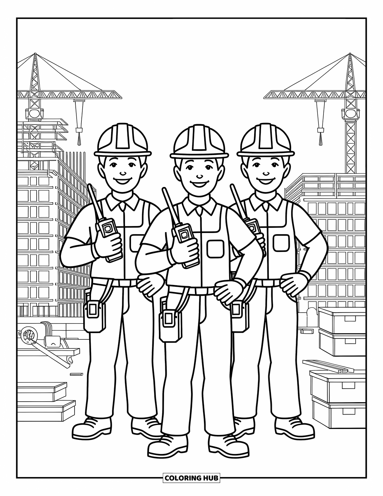 Construction Coloring Page for Kids: Three workers hold walkie-talkies surrounded by scaffolding and building materials