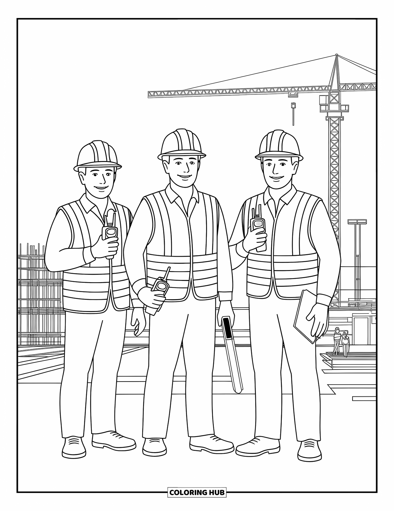 Construction Coloring Page for Kids: Three workers stand proudly on site with cranes and tools around them