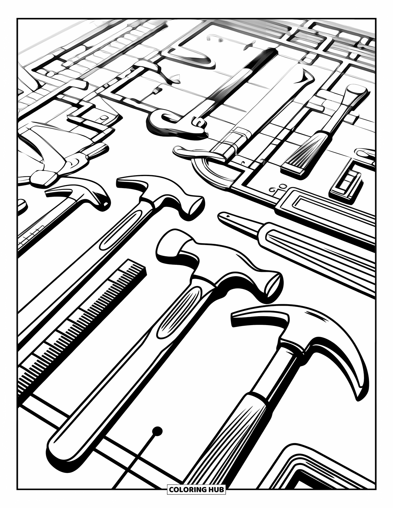 Construction Coloring Page for Kids: Tools like a hammer and tape measure are placed carefully on a blueprint
