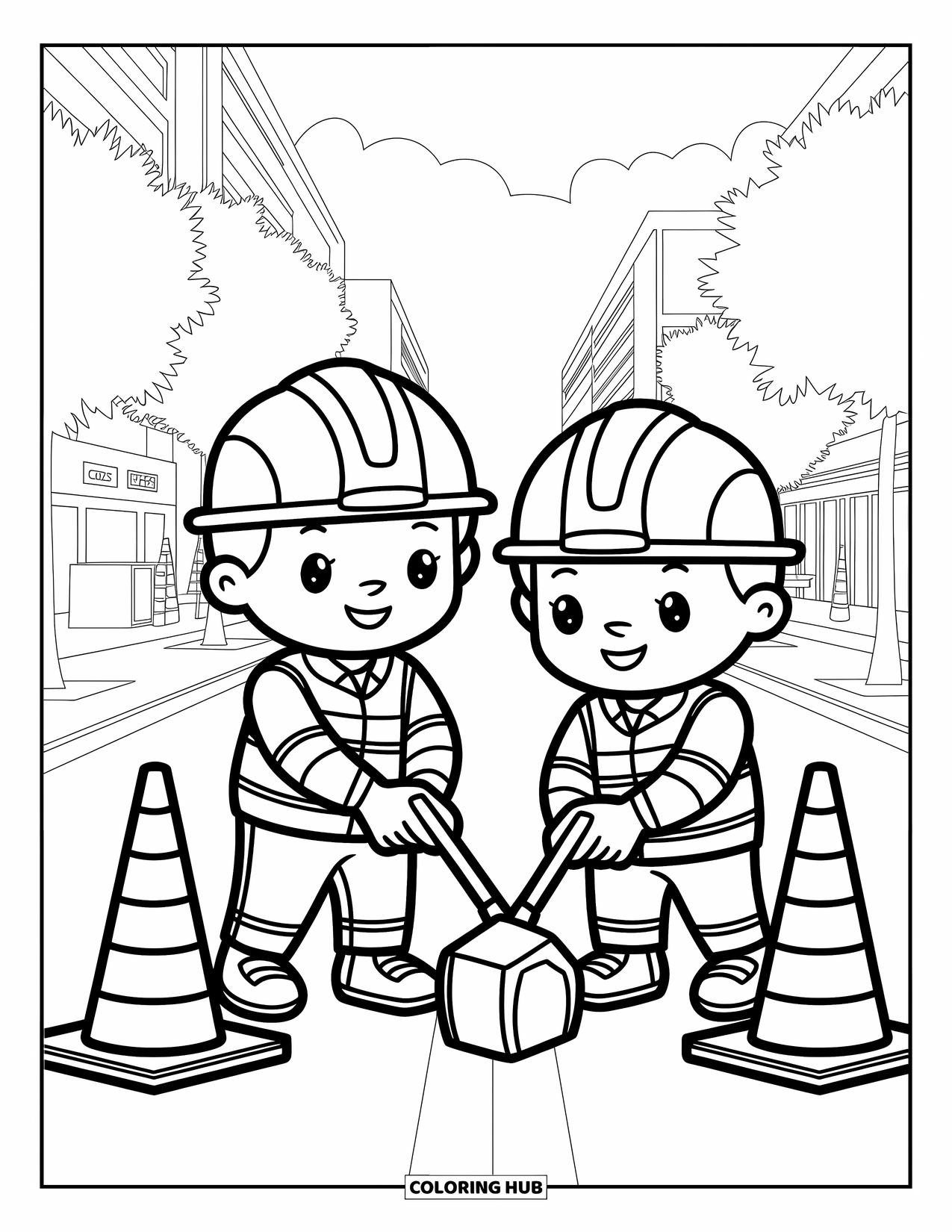 Construction Coloring Page for Kids: Two cheerful workers use a jackhammer near safety cones and signs