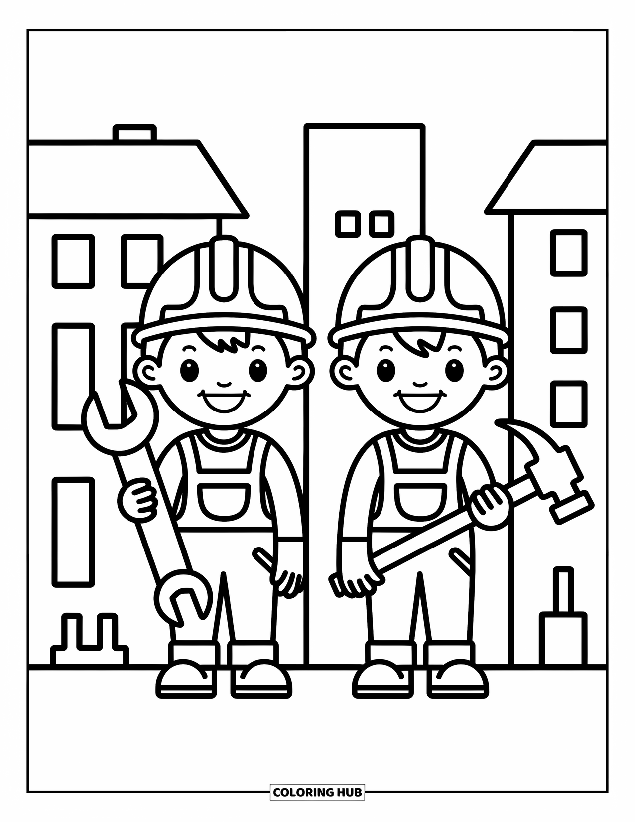 Construction Coloring Page for Kids: Two cheerful workers with tools and soft shapes