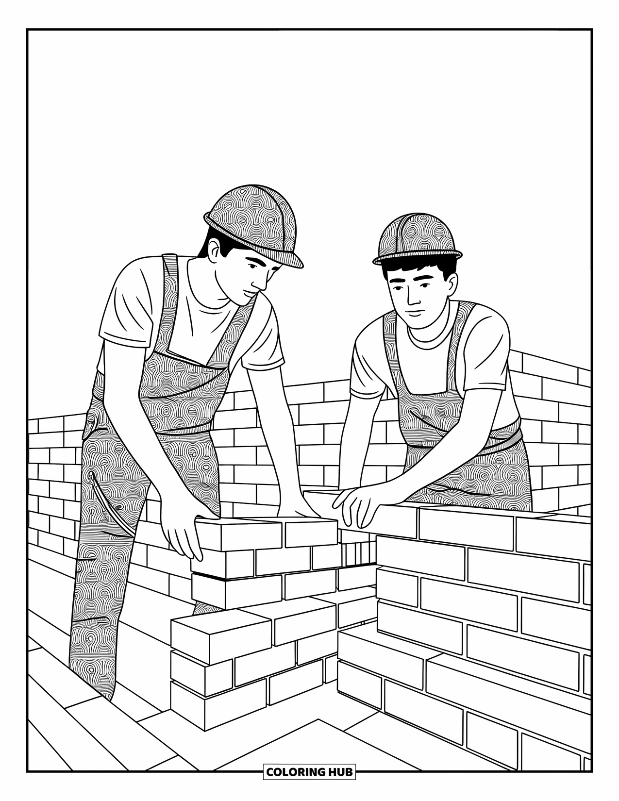 Construction Coloring Page for Kids: Two workers carefully lay bricks and line up walls together