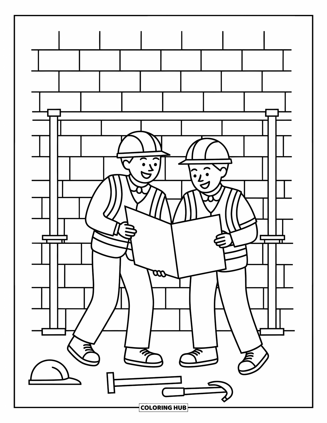Construction Coloring Page for Kids: Two workers in vests study a blueprint with tools and scaffolding around them