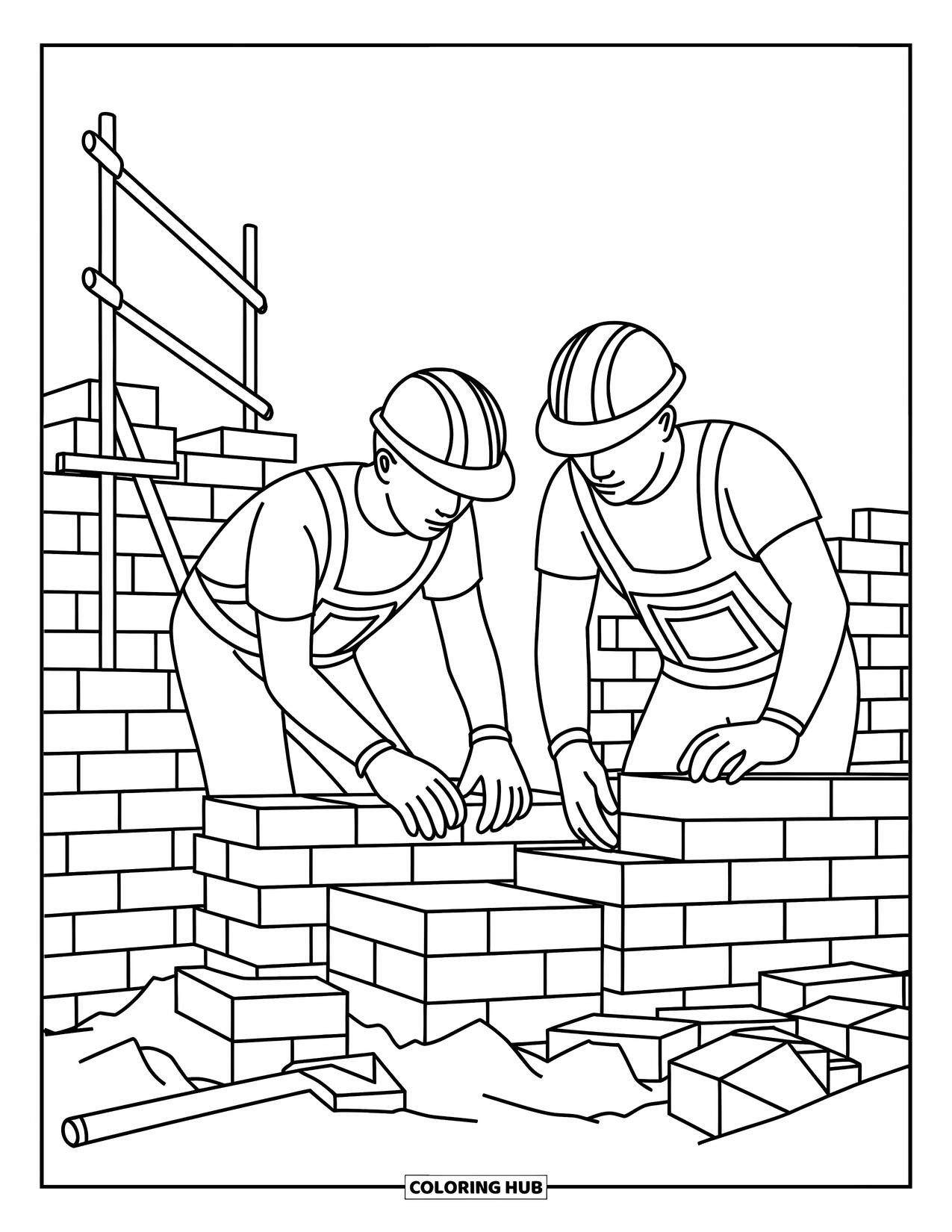 Construction Coloring Page for Kids: Two workers lay bricks and align walls with tools and scaffolding nearby