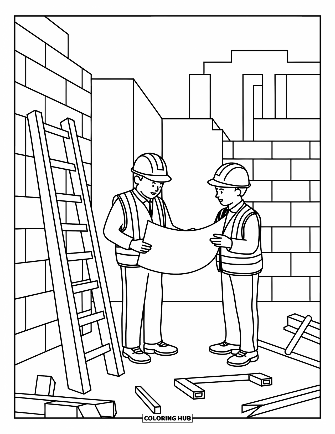 Construction Coloring Page for Kids: Two workers point at a blueprint with a ladder and scattered tools nearby