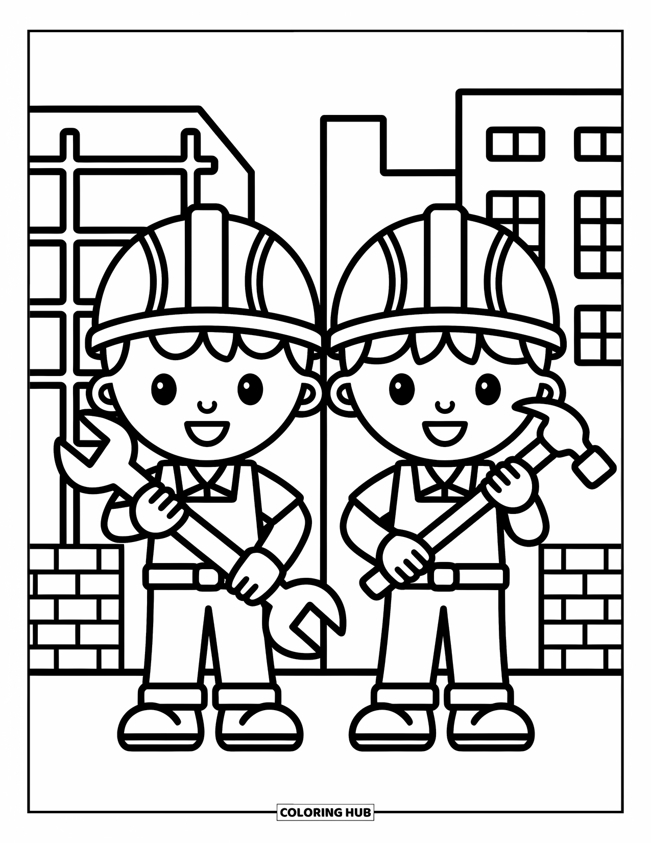 Construction Coloring Page for Kids: Two workers pose with big, friendly smiles