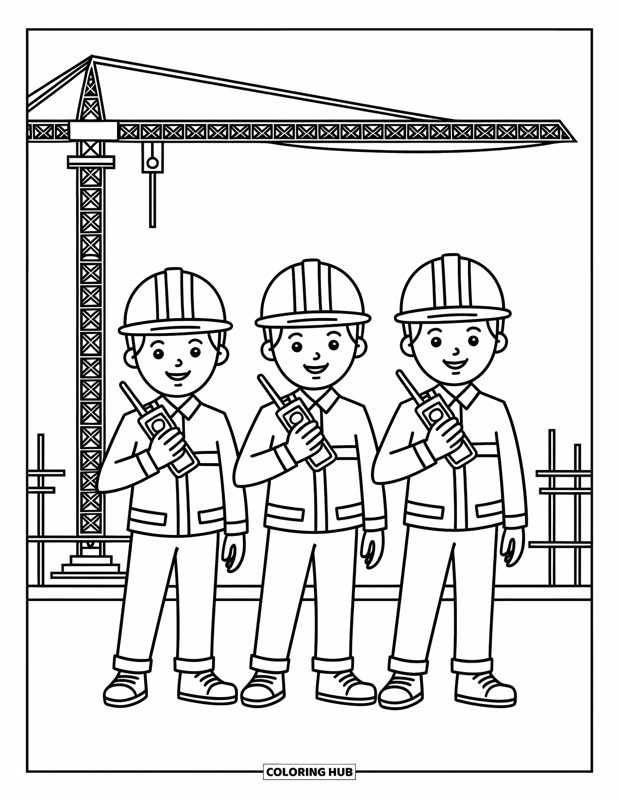 Construction Coloring Page for Kids: Workers chat with walkie-talkies as cranes and scaffolding fill the background