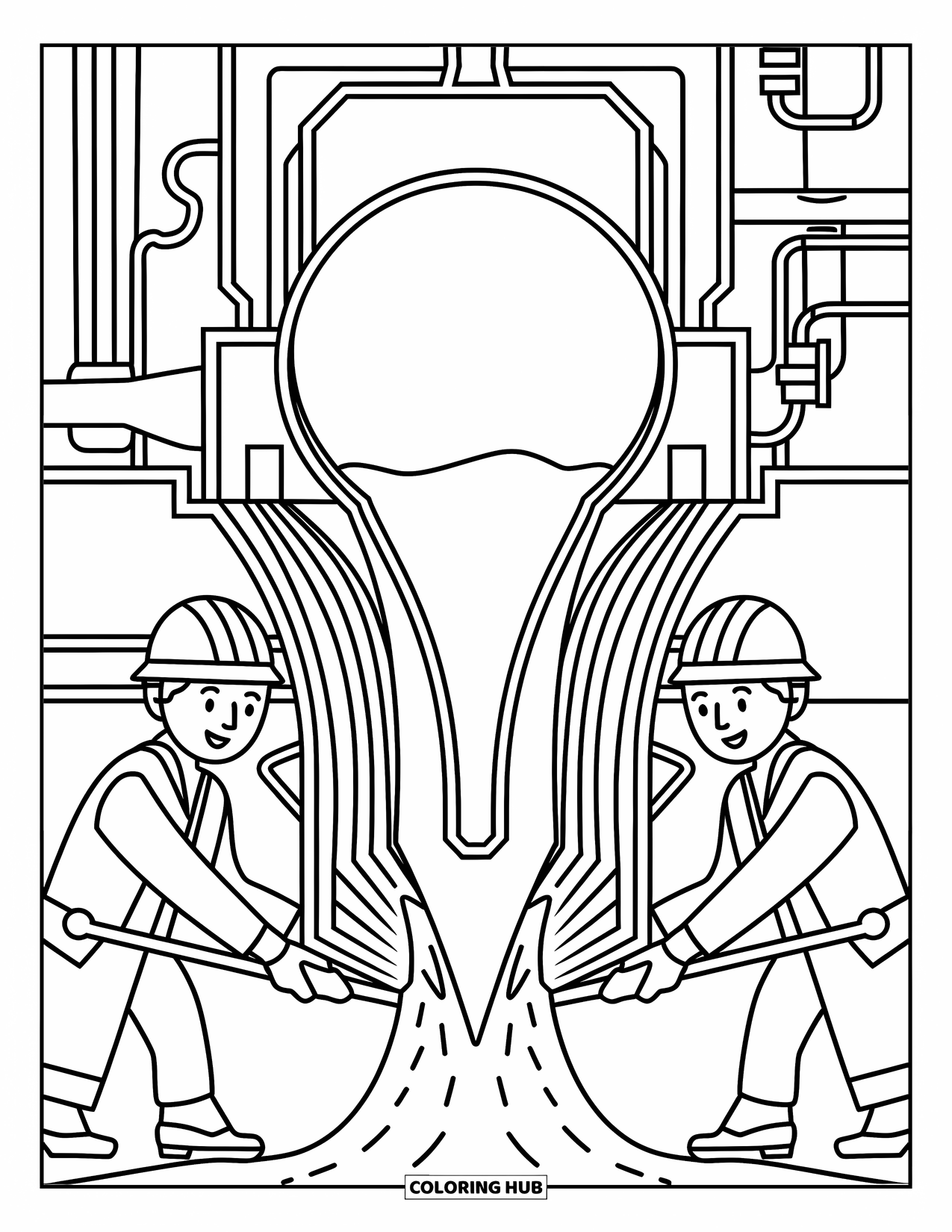 Construction Coloring Page for Kids: Workers guide cement from a chute with helmets and tools in hand