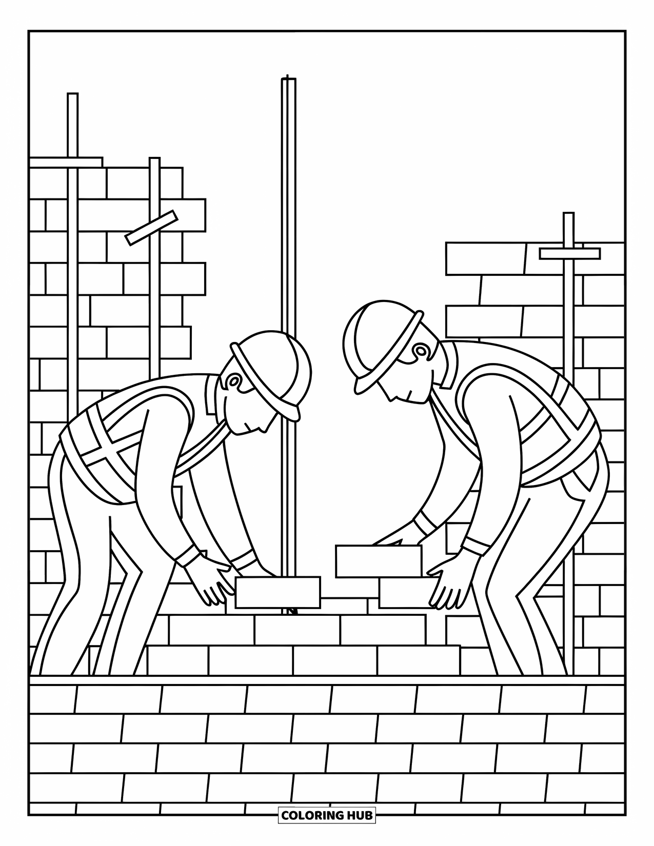 Construction Coloring Page for Kids: Workers in safety gear build walls and place bricks with care