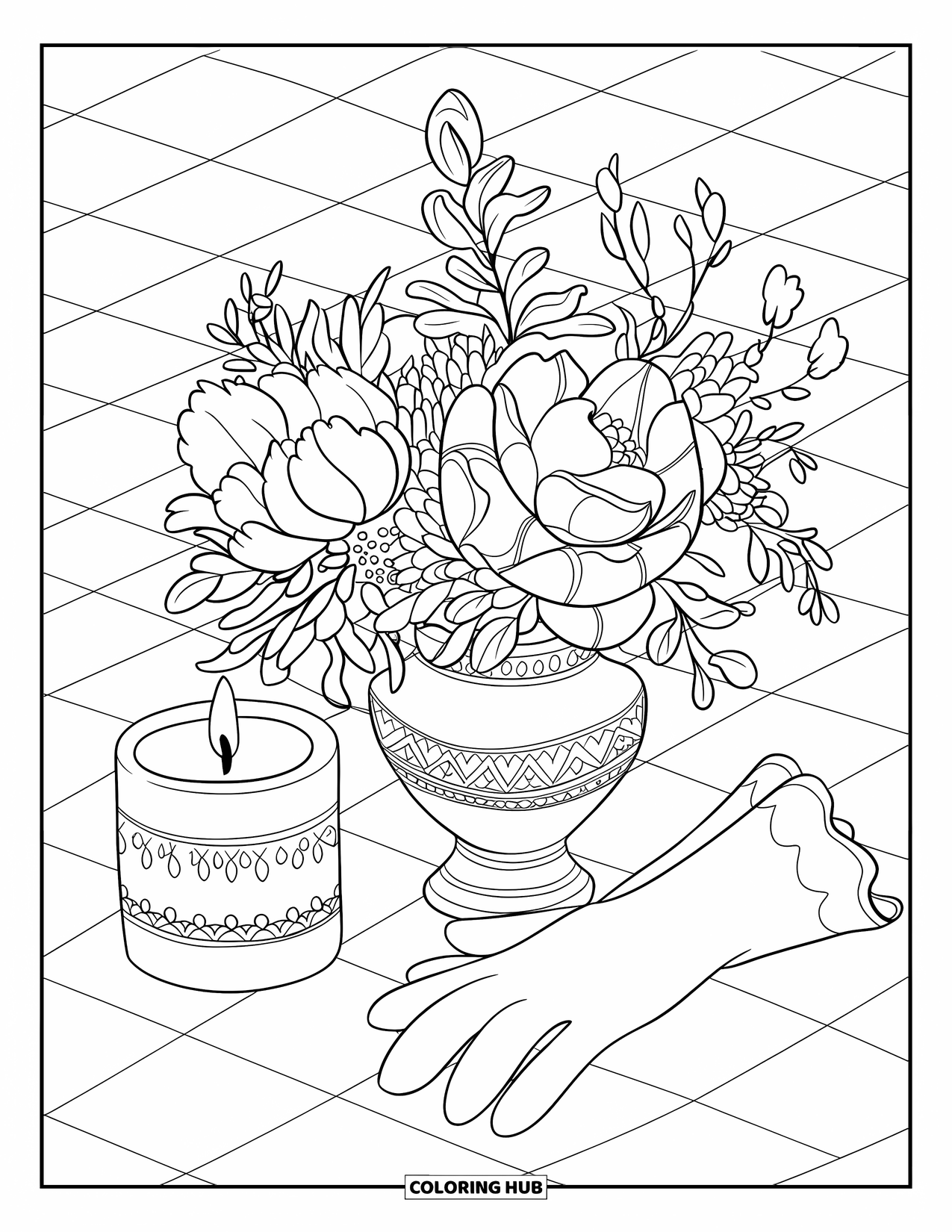 Desen de colorat Coquette pentru adulți: O lumânare, mănuși și o vază drăguță stau pe o podea în carouri