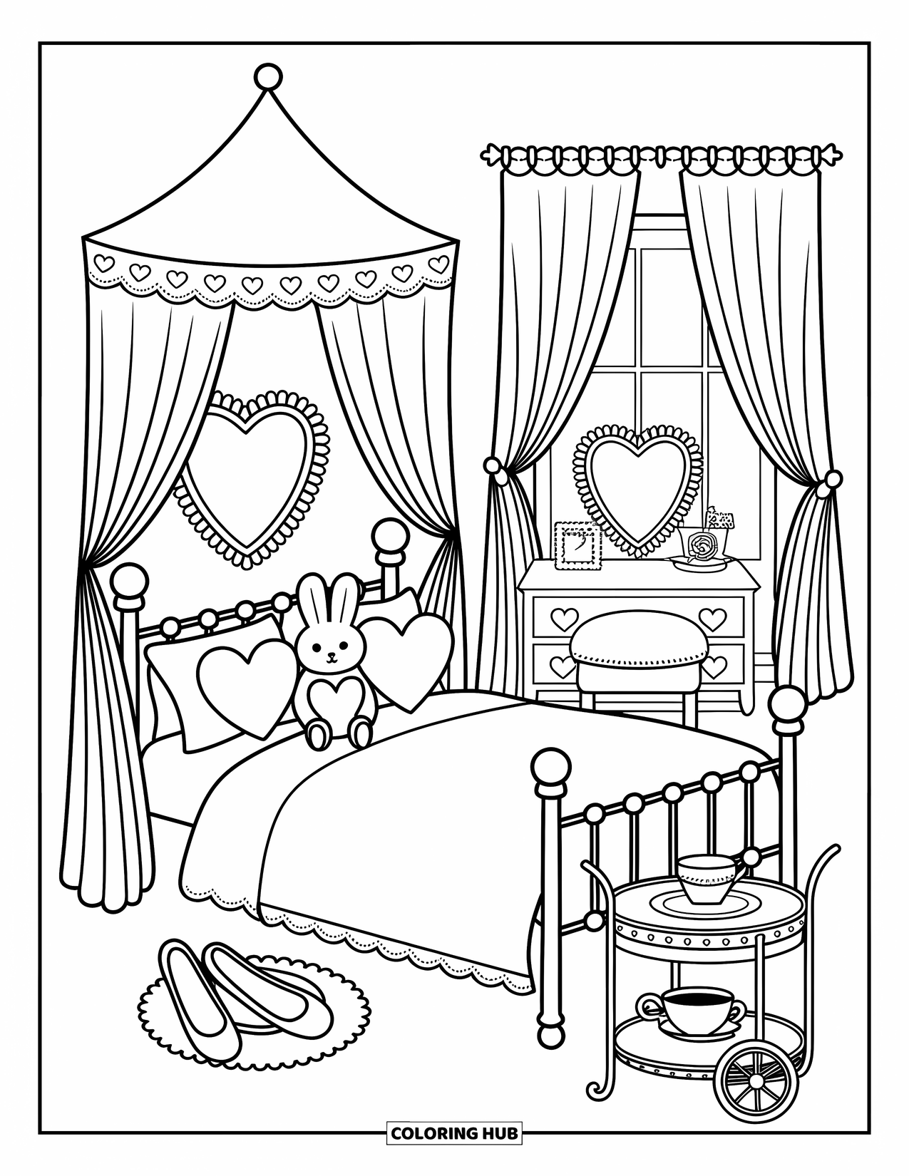 Desen de colorat Coquette pentru adulți: Un pat confortabil și o plușă de iepuraș stau sub o oglindă inimă cu perdele curgătoare