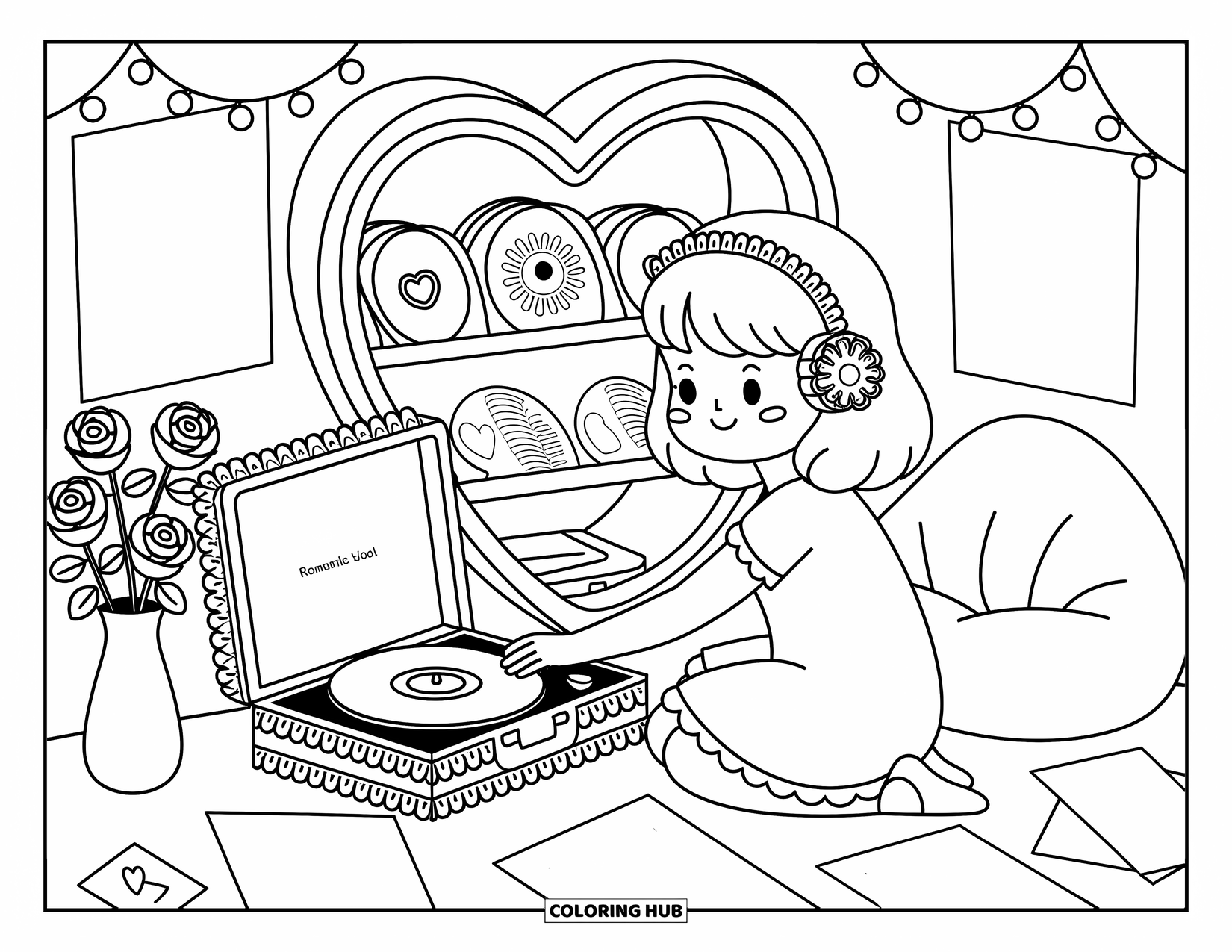 Desen de colorat Coquette pentru adulți: Un colț confortabil cu discuri, cu dantelă, trandafiri și vibrații romantice înconjoară o fată zâmbitoare