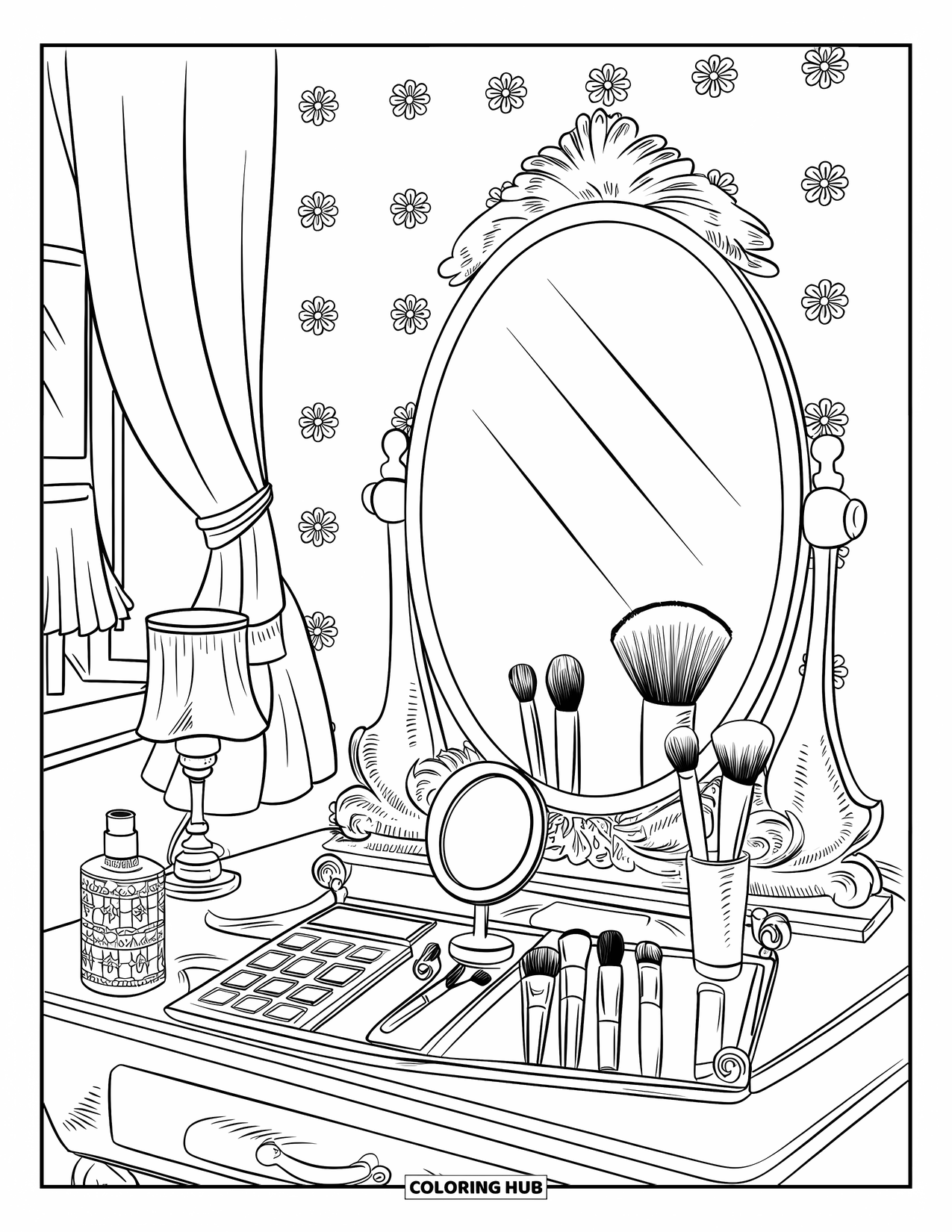 Desen de colorat Coquette pentru adulți: Un aranjament de toaletă confortabil cu o oglindă florală, un covor și o lampă