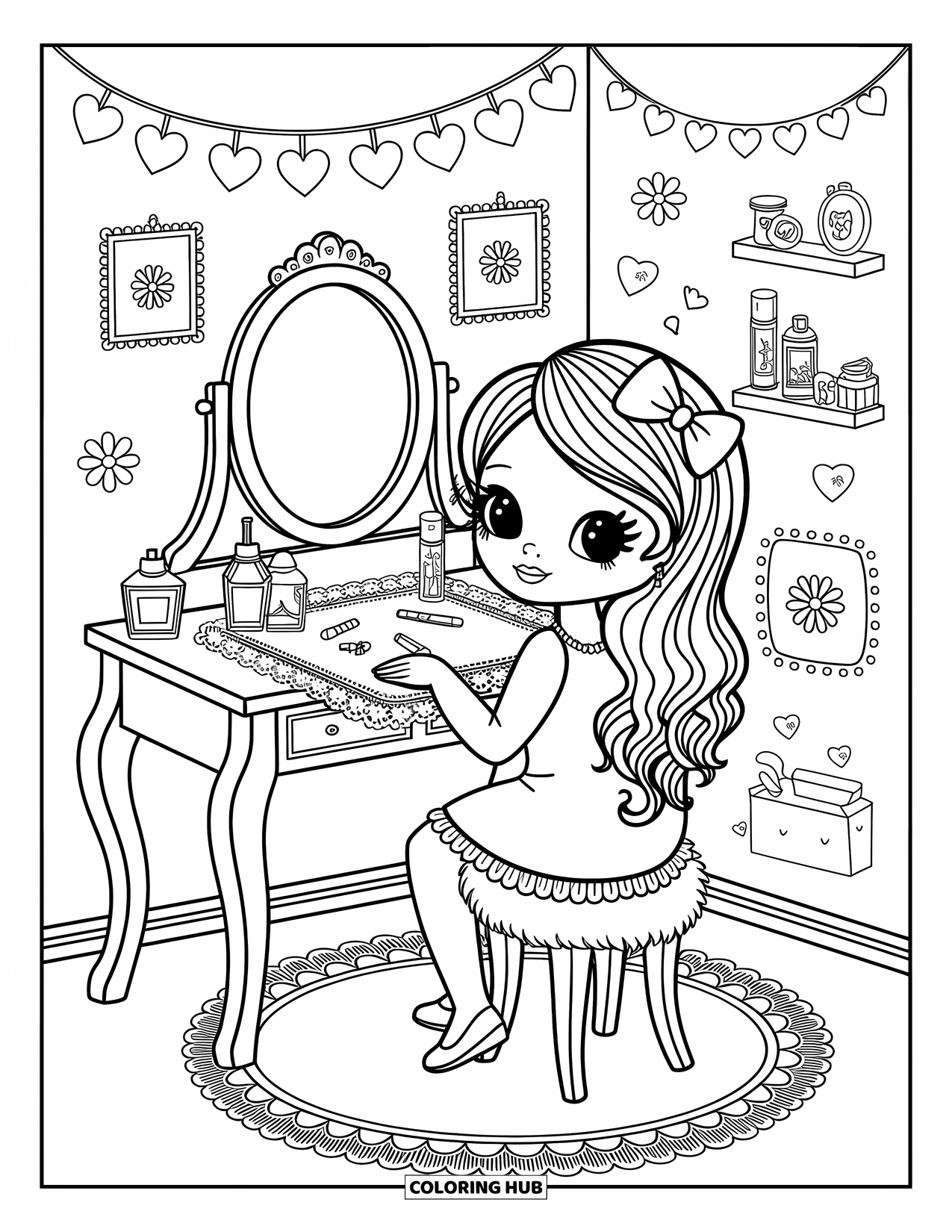 Desen de colorat Coquette pentru adulți: Un aranjament de toaletă confortabil cu parfum, ghirlande și comori mici pe raft