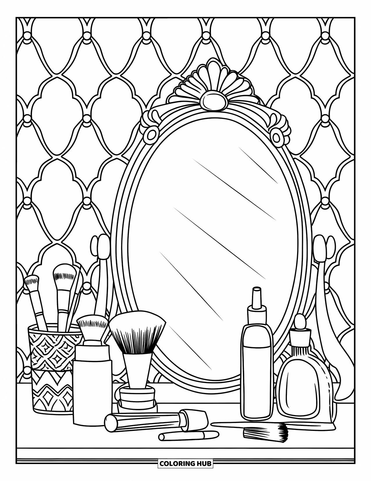 Desen de colorat Coquette pentru adulți: O măsuță de toaletă drăguță cu sticle vintage, pensule de machiaj și o oglindă elegantă