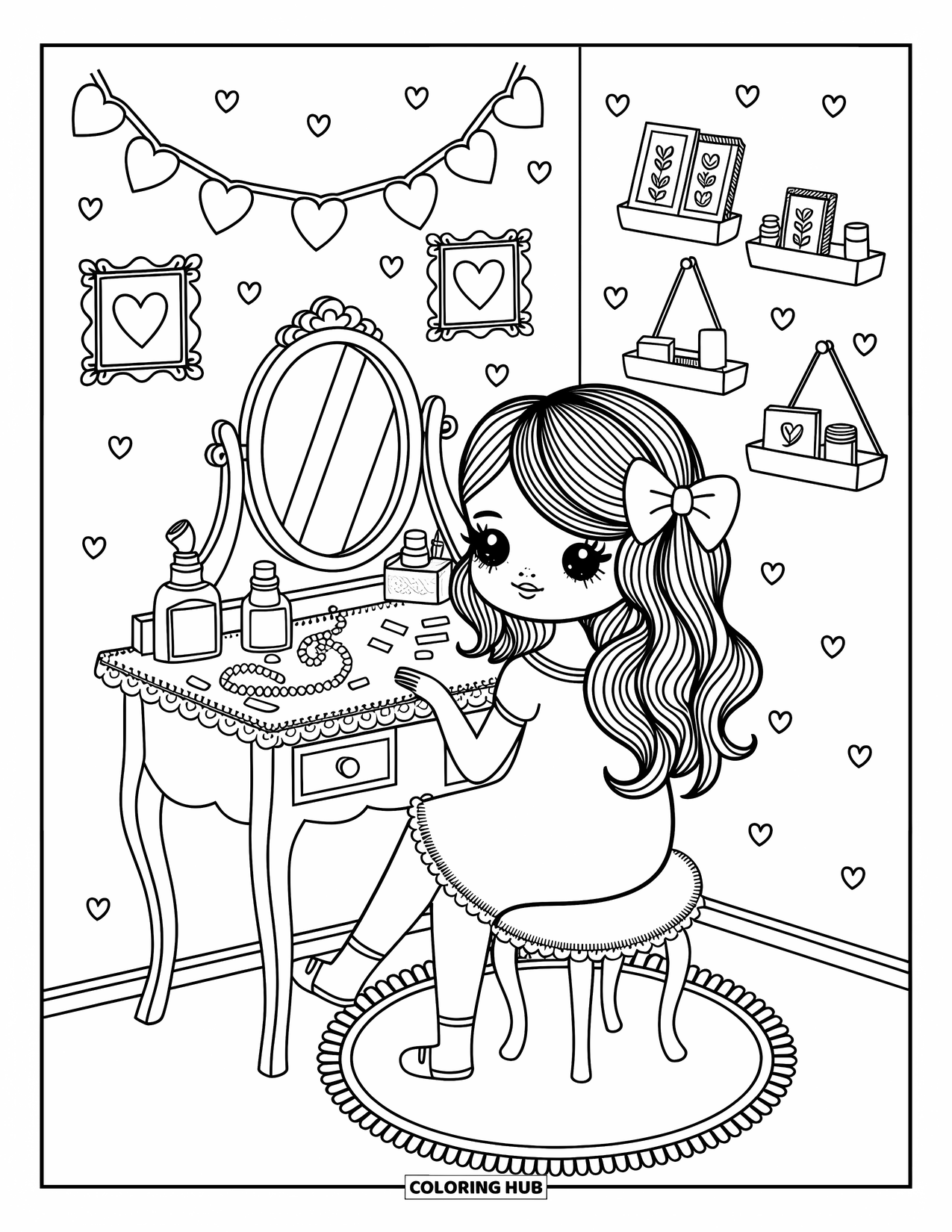 Desen de colorat Coquette pentru adulți: O măsuță de toaletă delicată plină de machiaj și perle cu o fată într-o fundă drăguță