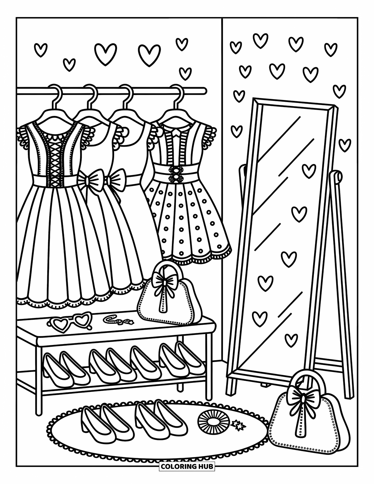 Desen de colorat Coquette pentru adulți: Un dulap de vis cu rochii cu volane, genți cu panglici și autocolante de perete cu inimă