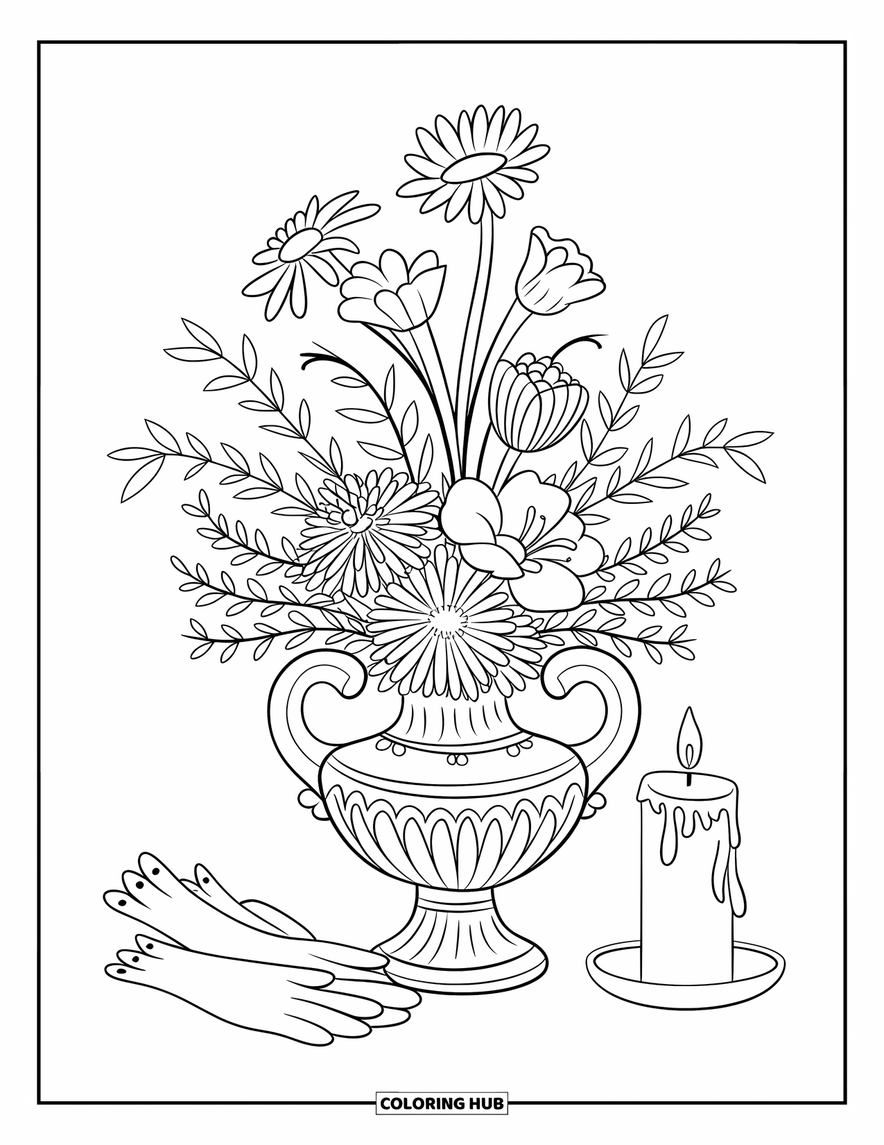 Desen de colorat Coquette pentru adulți: O vază cu flori, o lumânare și mănuși aranjate într-o scenă calmă și elegantă