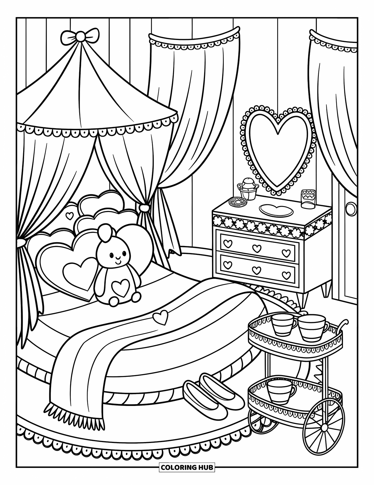 Desen de colorat Coquette pentru adulți: Un pat pufos cu perne inimă, un iepuraș și un cărucior de ceai în apropiere