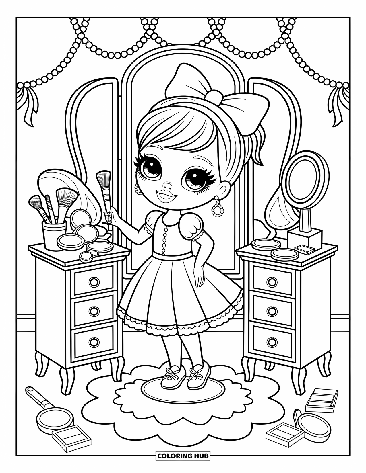 Desen de colorat Coquette pentru adulți: O fată adaugă o fundă la măsuța ei de toaletă plină de parfum și lucruri frumoase